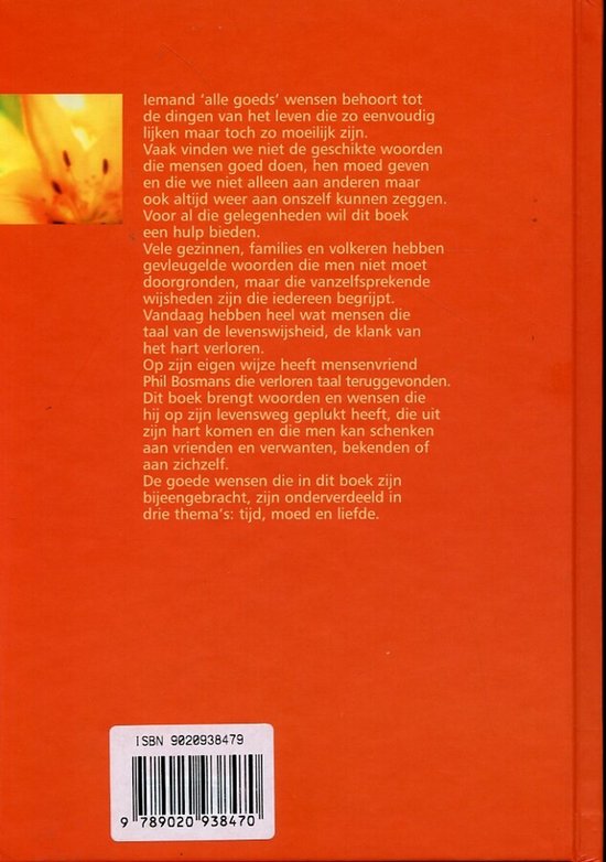 Oranje kaft met tekst 'Iemand 'alle goeds' wensen behoort tot de dingen...', en een ISBN-nummer.