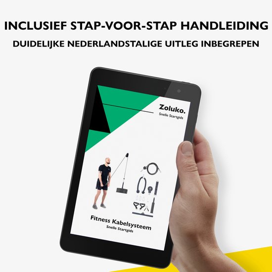 Hand die een tablet vasthoudt met een handleiding voor een fitness kabelsysteem.