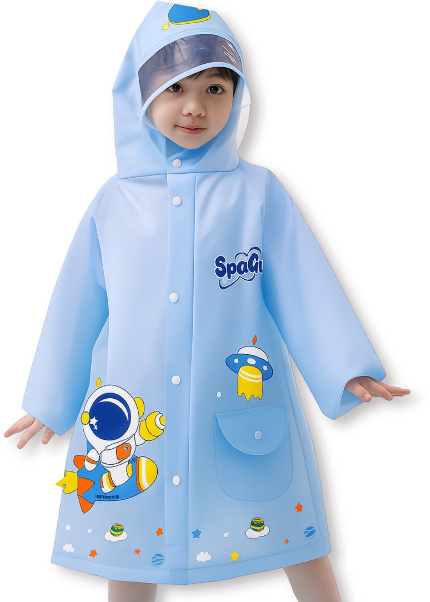 BoefieBoef Blauwe Kinder Regenjas Astronaut – 4 tot 8 jaar – Kleuter RegenPoncho – Premium EVA Waterdicht – Regenmantel - Regen Winter School Buitenspelen – Knutseljas – Cadeau Tip voor Meisjes & Jongens – lengte 105-125 cm - Ruimte Raket
