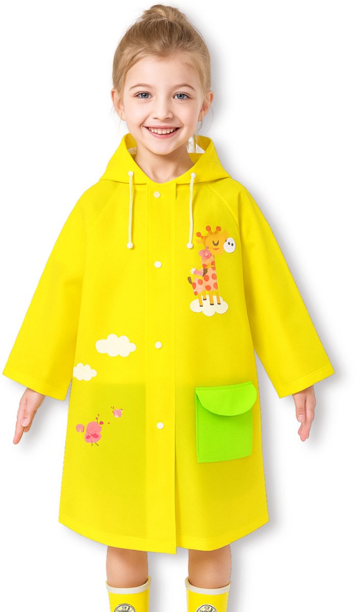 BoefieBoef Gele Kinder Regenjas Giraffe – S 1 tot 4 jaar – Peuter RegenPoncho – Premium EVA Waterdicht – Kleuter Regenmantel - Regen Winter School Buitenspelen – Knutseljas – Cadeau Tip voor Meisjes & Jongens – lengte 75-105 cm – Giraf