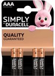 Verpakking van vier AAA Simply by Duracell batterijen met een roze konijn.