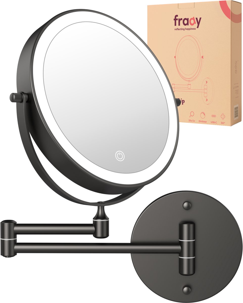 Fraay® Make Up Spiegel met LED Verlichting - 10x Vergroting - Vergrootspiegel met Licht - Oplaadbaar - Scheerspiegel - Badkamerspiegel - Zwart