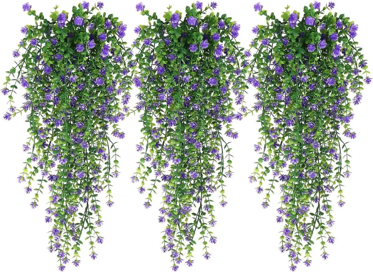 3 stuks kunstbloemen om buiten op te hangen, kunstplanten, uv-bestendig, boeket van eucalyptuswijnstokken voor de decoratie van bruiloft in de tuin thuis paars