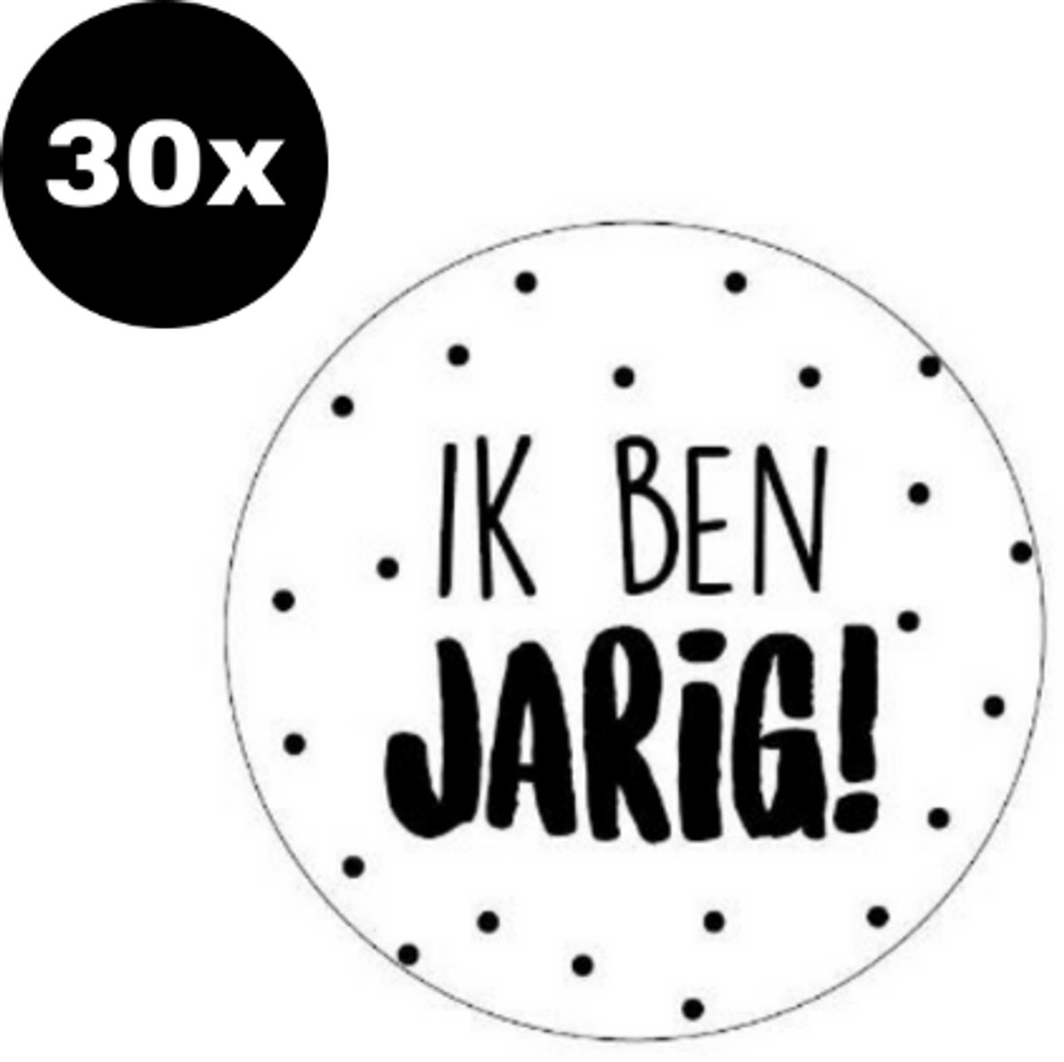 30x ZOETTT Ik ben jarig! | Wit | Zwarte stippen | 40 mm | Traktatiesticker Hoera | Cadeausticker | Sluitzegel | Sluitsticker | Traktatie - Verjaardag - Feest | Kinder traktatie
