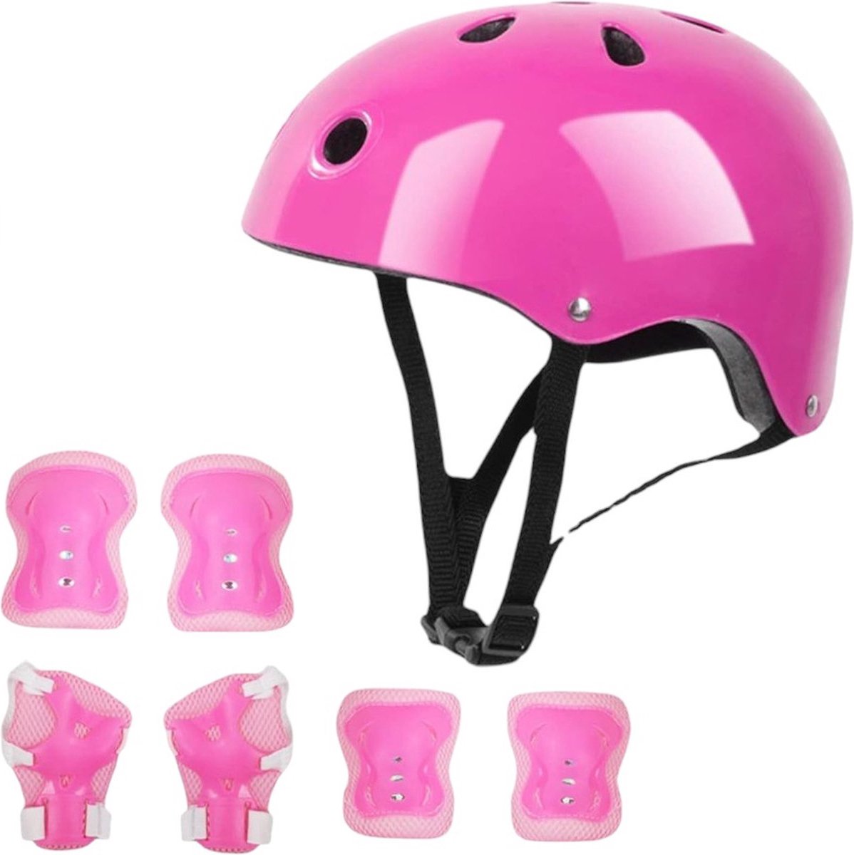 SNQ Kinderhelm Met Kniebeschermers - Elleboogbeschermers En Polsbeschermers - 7-Pack - Verstelbare Helm Voor Fietsen - Skates - Rollators - Geschikt Voor Kinderen Van 3-12 Jaar (Roze)