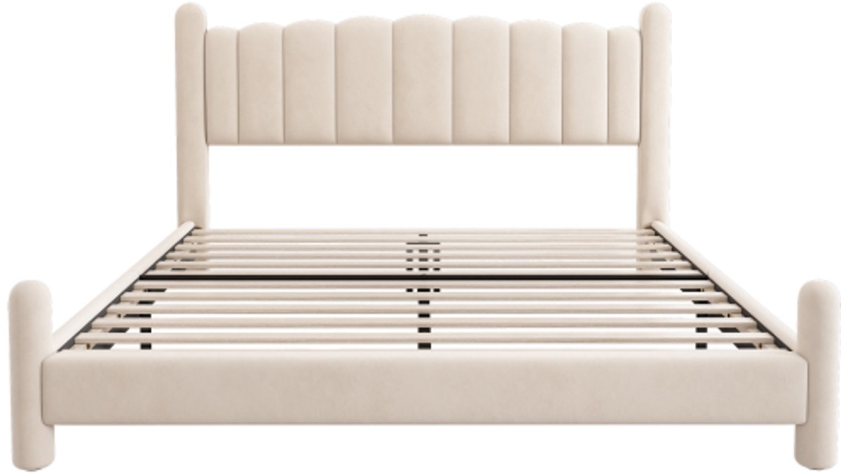 GOTAGEE Gestoffeerd bed 160x200cm met lattenbodem en hoofdbord, stijlvol waaiervormig hoofdbord, cilindrische steunpoten, fluweel, beige