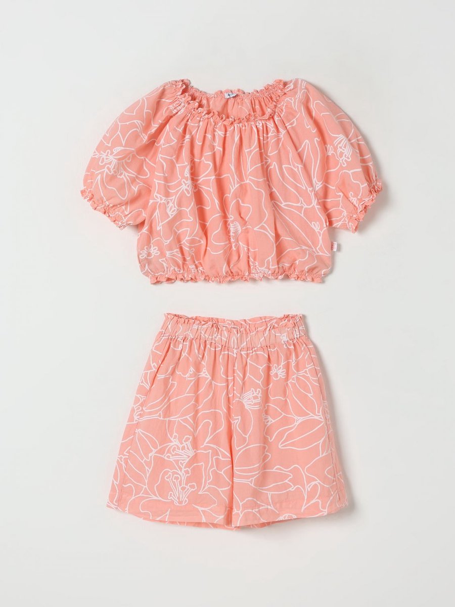 Floral Print Girl Summer Outfit Kids - Apricot Ropes Cords