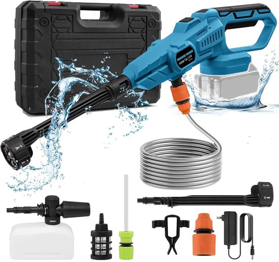 Hogedrukreiniger 21V Draadloos Accu Compatibel 120Bar 3 Drukstanden 6-in-1 Sproeikop Voor Auto Tuin Terras
