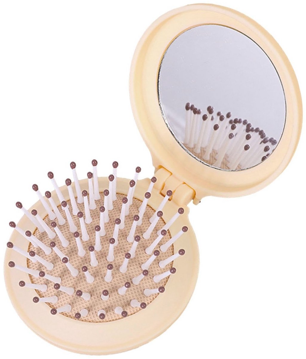 Mini Haarborstel / Spiegel Inklapbaar - Beige/Lichtgeel | 7,3 x 6,5 x 2,6 cm | Fashion Favorite