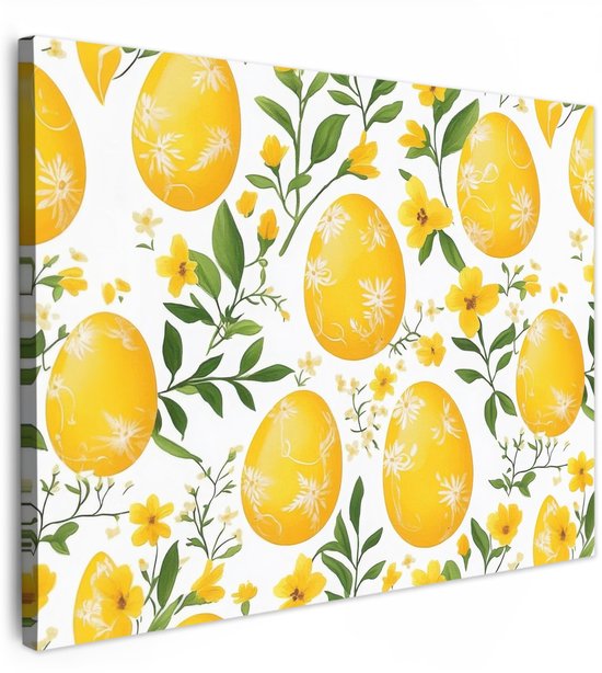 Canvas schilderij 80x60 cm - Exclusieve wanddecoratie Bloemen - Paaseieren - Geel - Muurdecoratie woonkamer - Slaapkamer decoratie - Kamer accessoires - Schilderijen op canvas - Pasen - Paasdecoratie - Paas versiering