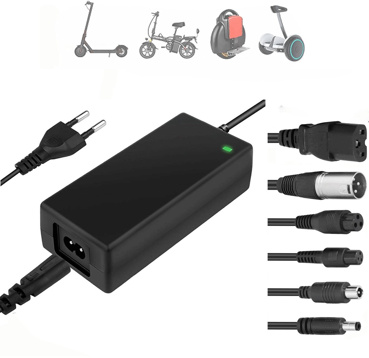 Elektrische fietslader - Elektrische scooterlader - Elektrische fietslader met 6 batterijladerconnectoren - Universele lader 36V/42V 2A - Batterijlader - voor hoverboard, drift trike, elektrische scooter, hoverboard, balance car - Max. 84W