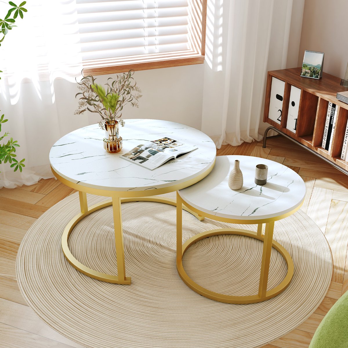 Elekiatech Salontafel - Salontafel Rond - Salon Tafel Set van 2 - Ø70 cm & Ø50 cm - Marmerlook Tafelblad - Metalen Frame - Voor Woonkamer of Slaapkamer - Wit
