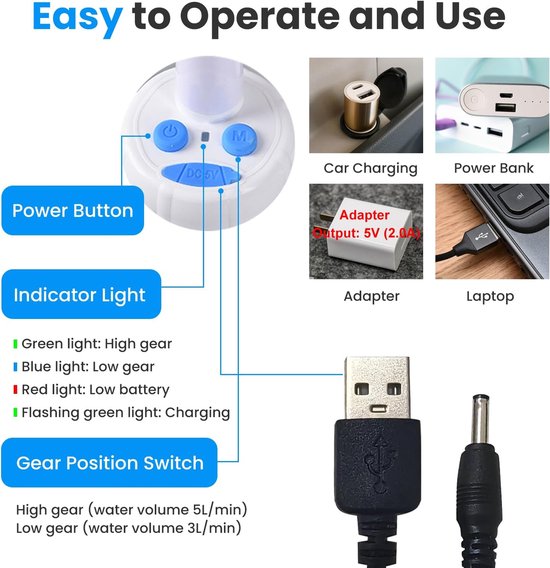 Camping Douche - 5000 mAh - Oplaadbare Mobiele Douche - Buitendouche - Campingdouche - Reisdouche - Tuindouche - Draagbare Douche - Mobiele Douche - Oplaadbare Accu - Met Multifunctionele douchebak - Voor camper, reizen, autowassen, huisdieren van Camping — afbeelding 4
