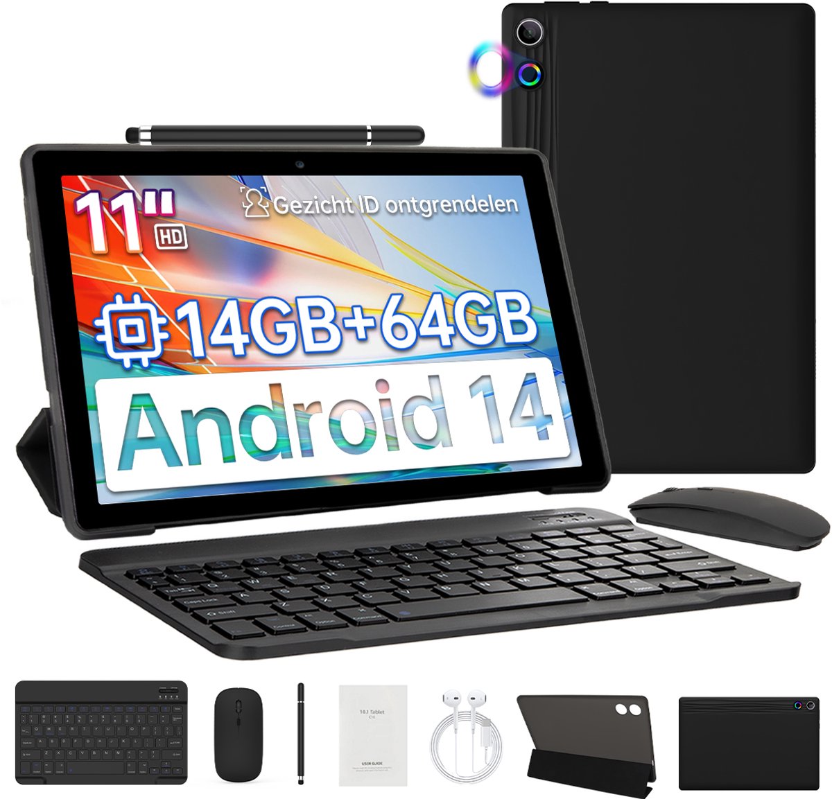 kotsren A7L - Android 14 Tablet - 11 inch - 14(3+11)GB RAM/64GB ROM– Met Toetsenbord, Muis, Oordopjes & Bescherming - Zwart