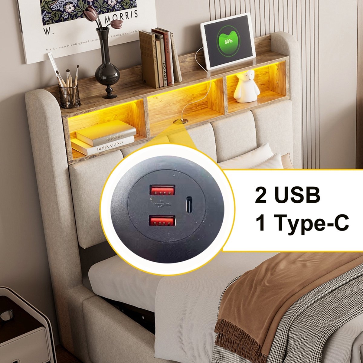 PugsdrlyGestoffeerd bed 90*200 cm met ledverlichting en USB-aansluiting, hoofdeinde met opbergvlakken en opbergruimte, met hydraulische opbergruimte, eenpersoonsbed voor kinderen, beige linnen — cadeau in Cadeau-ideeën - foto 6