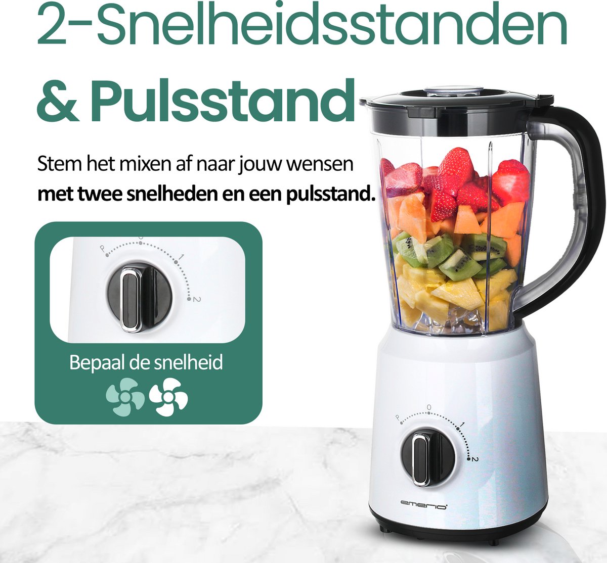 Emerio Blender 1.5L - Smoothie Maker met 2 Snelheden - RVS Messen en Vaatwasmachinebestendig - 500W - Blender-to-Go BL-124816.7 - Wit – foto 2