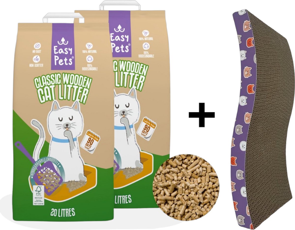 2x Easypets Biodegradable Classic Houtkorrels Kattenbakvulling 20L (Totaal 40L) + Easypets Kabkarton Paars