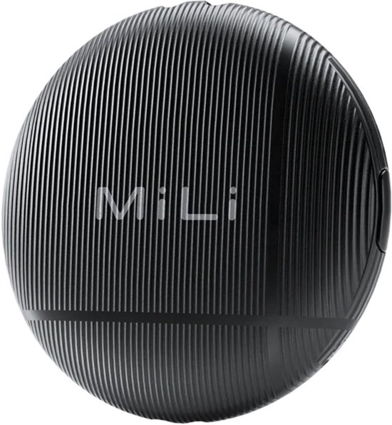 Zwarte, ronde LiTag tracker met verticaal ribbelpatroon en 'MiLi' logo.