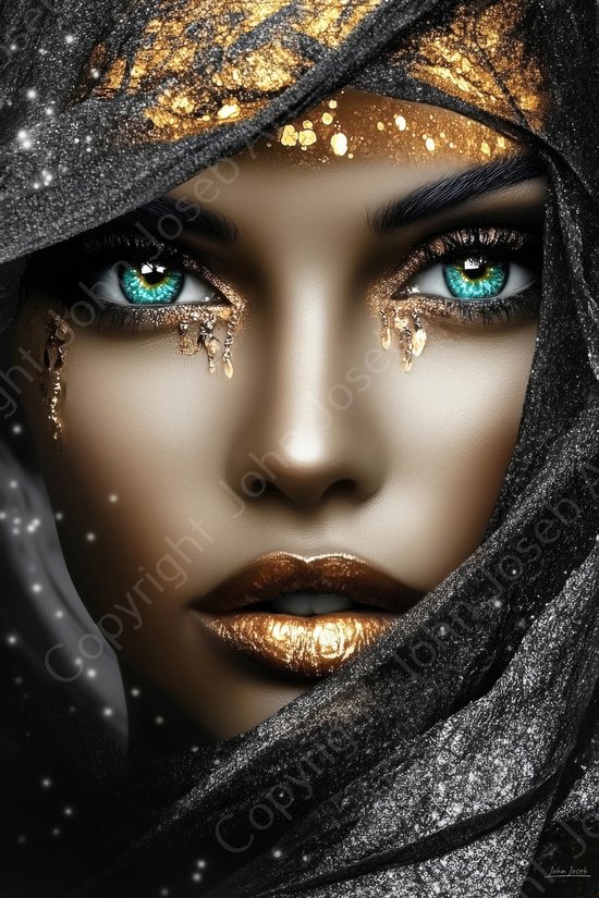 JJ-Art (Glas) 90x60 | Femme avec voile noir et bijoux, bijoux, or, art, marron, bleu, noir, moderne | Foto-schilderij-glasschilderij-acrylglas-acrylaat-wanddecoratie