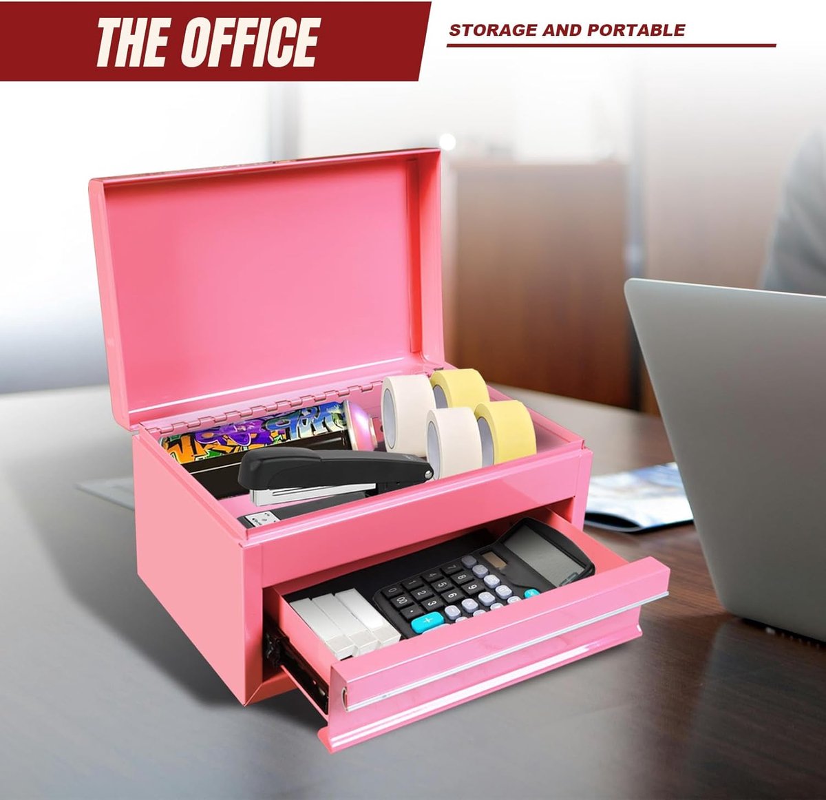 RFWR® 10" Mini Draagbare Stalen Gereedschapskist met lade voor Garage en Thuis - Roze — cadeau in Gereedschap - foto 6