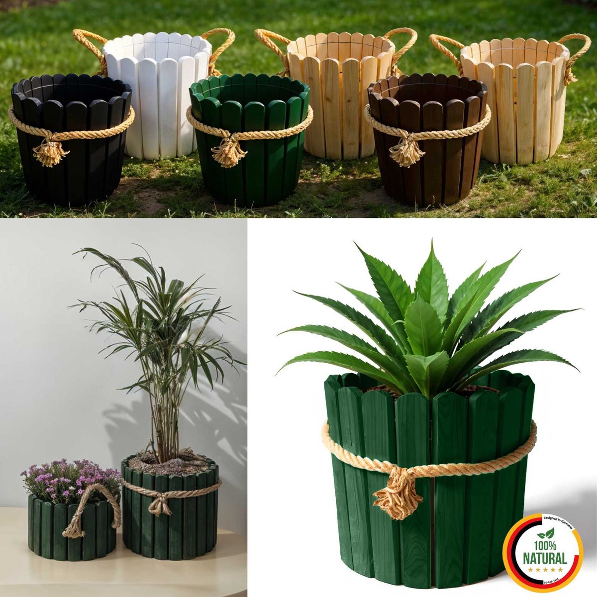 Floranica ronde bloempot 20 x 33 cm van grenenhout, plantenpot, bloembak, kruidenpot voor huis en tuin, voor binnen- en buitengebruik, groen