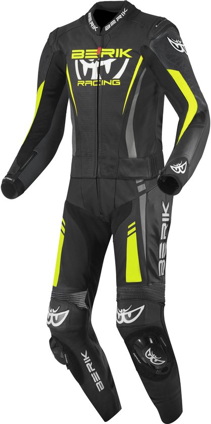 Combinaison de course noire Berik avec accents jaune néon et logos. Panneau de poitrine perforé et sur les bras.