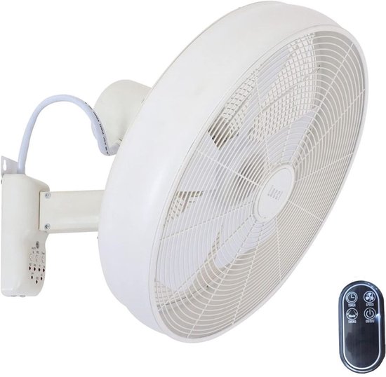 Wandventilator wit met afstandsbediening, 3 snelheden, timer en oscillatie – stille muurventilator voor koele kamers