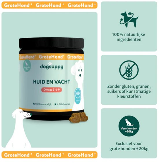 Een pot DogSuppy HUID & VACHT Omega 3-6-9, met op de achtergrond een illustratie van een hond. Rechts informatie over 100% natuurlijke ingrediënten, zonder gluten, granen, suikers of kunstmatige kleurstoffen, en voor grote honden +20kg.