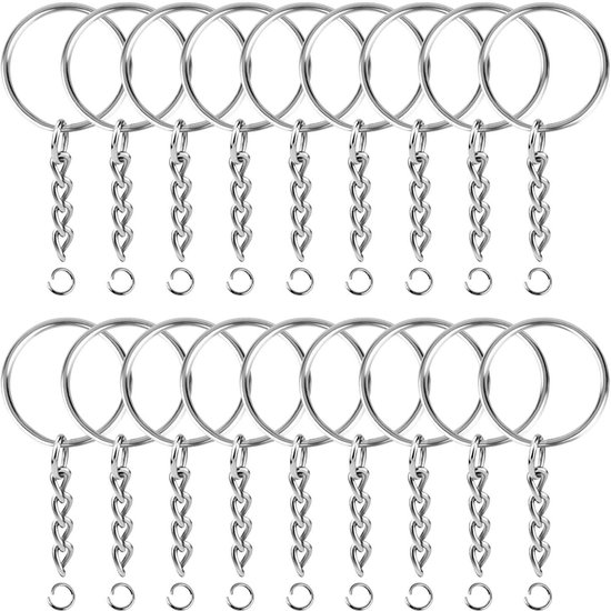 Porte-clés avec chaîne - 50 anneaux en acier inoxydable porte-clés - Anneaux fendus porte-clés - 25 mm - 50 pièces