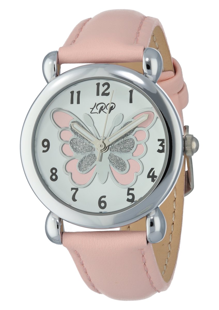 La Rosa Princesa Vlinder Kinderhorloge Leer Roze Zilverkleurig - Ø 27 mm - Verstelbaar - Leren Band - Quartz Horloge - Japans Uurwerk - Analoog