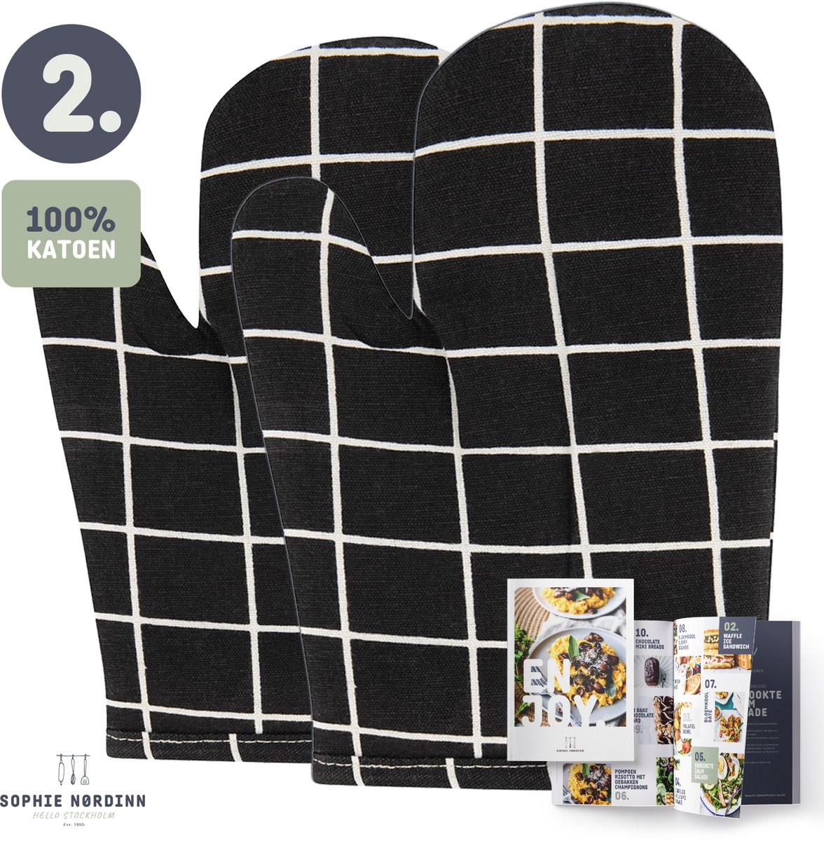Sophie Nordinn® - Ovenwanten - Ovenhandschoenen - Handschoen Lund (Raster Zwart) - Universele wanten 2 stuks - Katoen