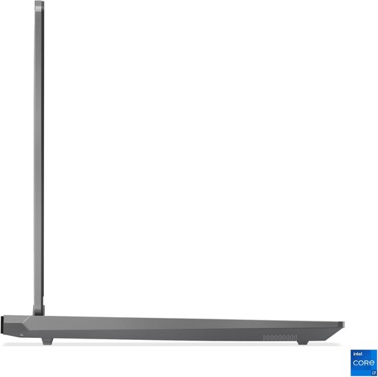 Grijze Lenovo LOQ 15IRX10 laptop, zijaanzicht. Intel Core i7 logo.