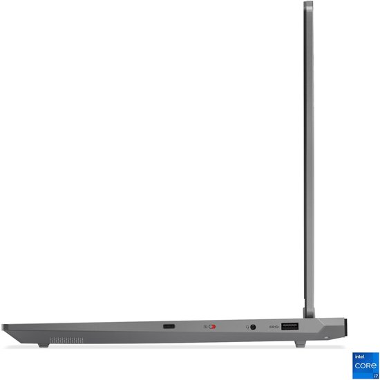Grijze Lenovo LOQ 15IRX10 laptop, zijaanzicht met poorten. Intel Core i7 logo.