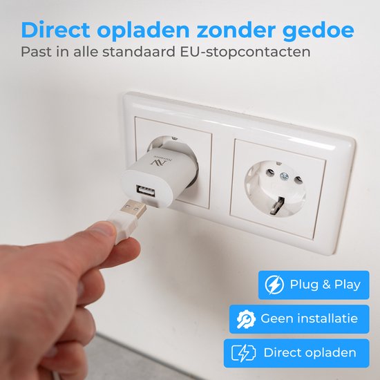 Witte Nuvance USB-oplader in een EU-stopcontact, met een hand die een USB-kabel insteekt.