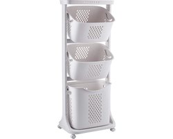 Rollende Waskar – Wasmand met 3 Vakken – 360° Wielen – Geventileerd – Ruimtebesparend – 3 x 25L – Wit