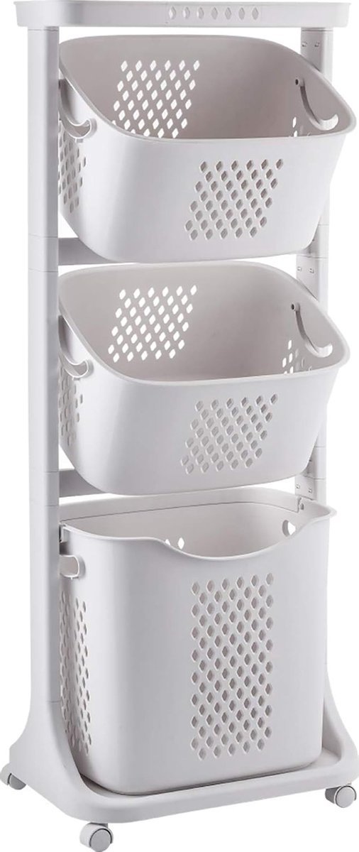 Rollende Waskar – Wasmand met 3 Vakken – 360° Wielen – Geventileerd – Ruimtebesparend – 3 x 25L – Wit