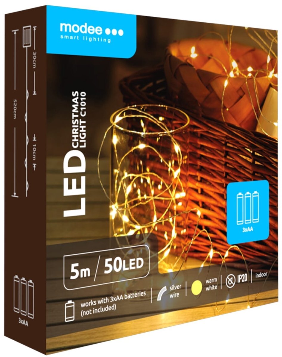 Modee Lichtsnoer Kerst 5 Meter - Kerstverlichting voor Binnen - Inclusief 3xAA Batterijen - 50 LED Lampjes IP20 - 3000K - Warm Wit Licht - Per stuk