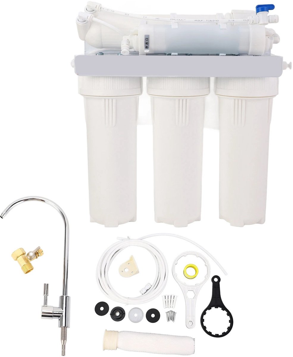 Waterfilter - Drinkwaterfilter - 5-traps Waterzuiveringssysteem - Koudwaterfilter - Waterfiltratiesysteem voor Keuken - Wandmontage Waterfilter - Waterzuiveraar Kraan - Zonder Elektriciteit - Met Kraan - Actieve Koolfilter - PP Katoenfilter