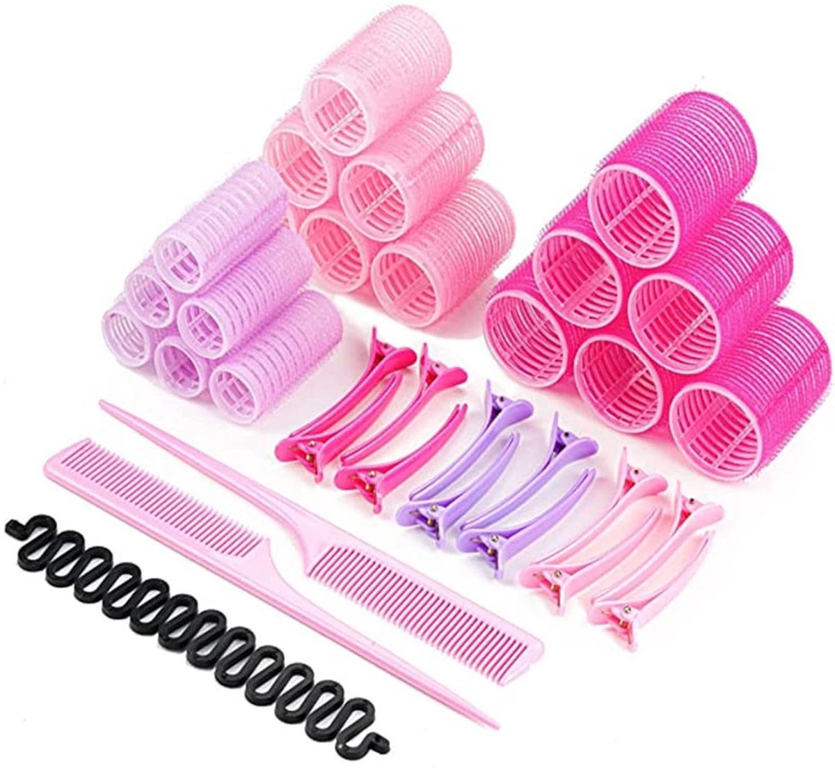 haarrollers - krulspelden rollers - Krulspelden Jumbo – 33 Stuks – 3 Maten – Heatless Curls – Haarrollers – Haarkruller – Kleefrollers – Groot – Met 12 Haarklemmen 2 Kam en 1 Haarkrultang
