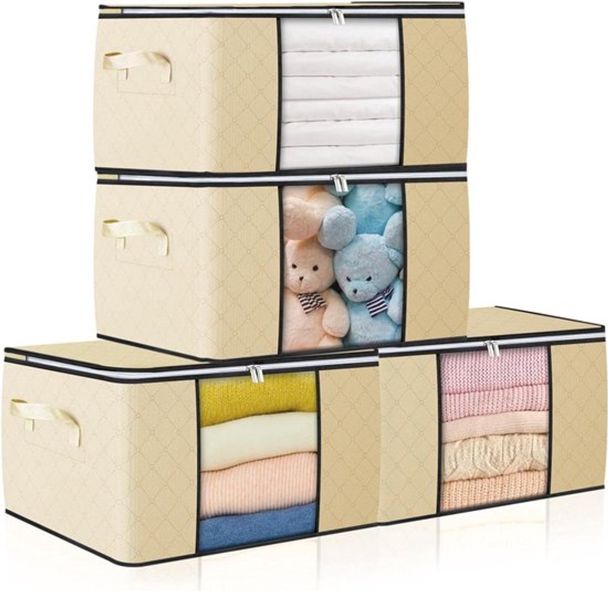 90L Large Storage Boxes with Lid - Pack of 4 - Reinforced Handle - Folding Moving Boxes - Clear Window - Clothes Duvets Blankets Suitcase Organiser