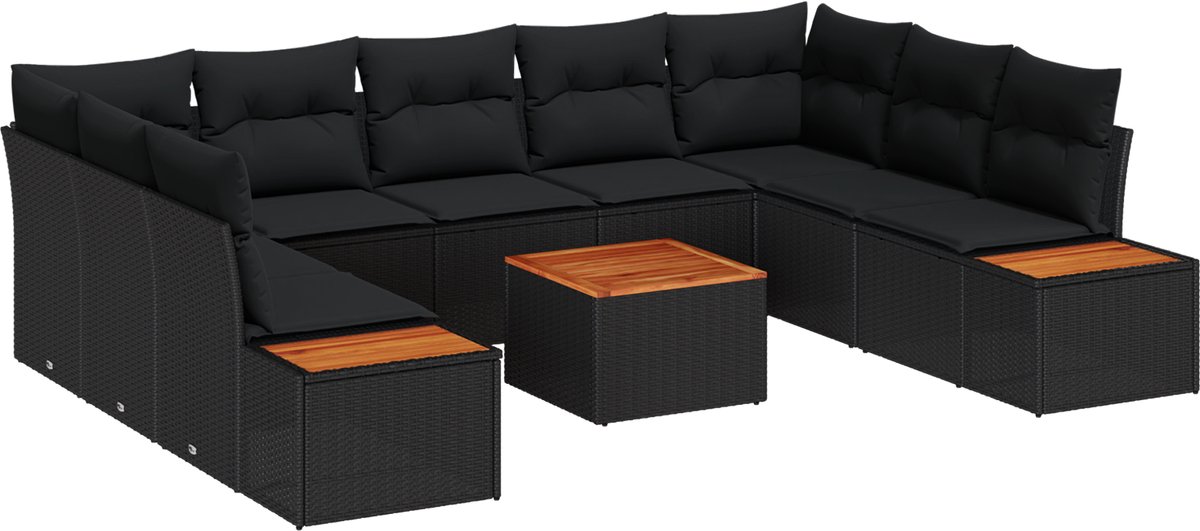 vidaXL - Tuinbank - Set - met - kussen - 10 - pcs - Zwart - Poly - rattan
