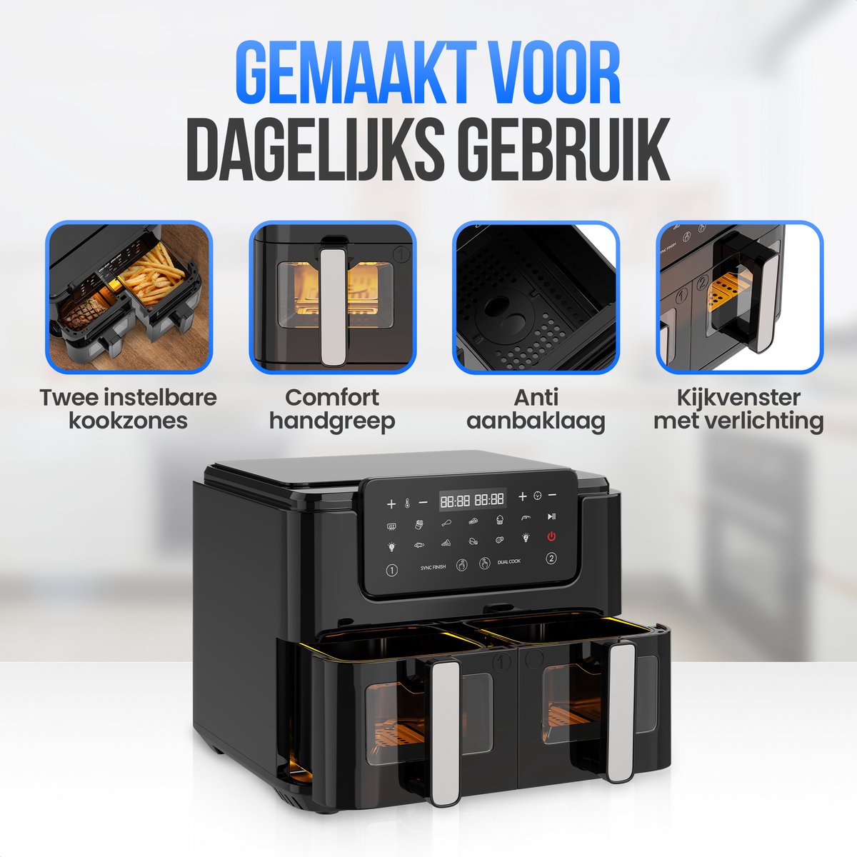 Strex Airfryer XXL - 10L - 2500W - Heteluchtfriteuse - Dubbele Airfryer - 50ºC tot 200ºC - 10 Kookprogramma's - Zwart — afbeelding 4