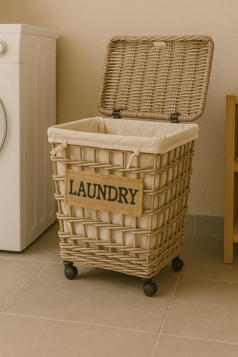 Rieten Wasmand op Wielen Klein | Deksel, Linnen Voering & Leren Sluiting | Handgemaakt Indonesië