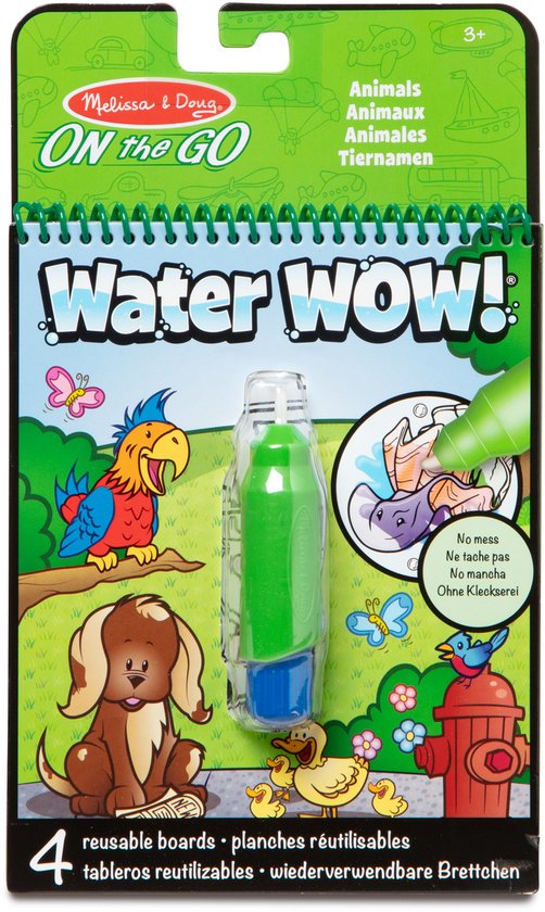 Water WOW! dieren kleurboek met 4 herbruikbare bladen, inclusief waterpen. Illustraties van een hond, papegaai, eendjes en een brandkraan.
