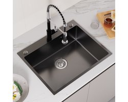 Auralum Max Spoelbak Antraciet 60x49CM - Spoelbak Keuken - Spoelbakken met Afdruip - Wasbak Keuken - Met Kraangat RVS