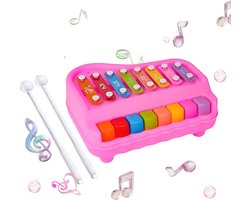 2-in-1 Xylofoon Piano Muziekspeelgoed – Hamerspel + Toetsenbord, Batterijvrij Speelgoed met Cijfers & Kleuren voor Auditieve Vaardigheden en Motorische ontwikkeling (Baby 12+ Maanden) Roze