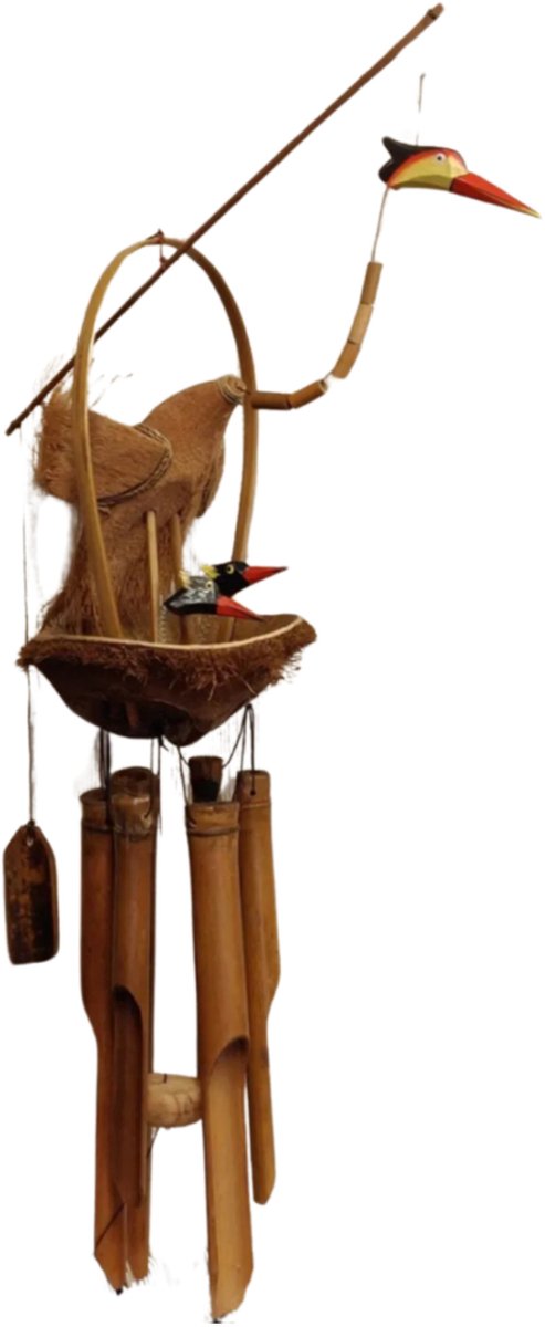 Bamboe windgong met kraanvogel en 2 jongen