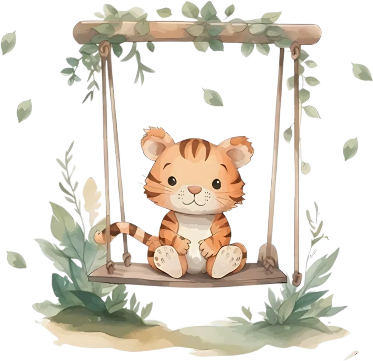 BoefieBoef Tijger op Schommel Muursticker – Babykamer Decoratie 30x90 cm – Zelfklevend Vinyl – Verwijderbaar zonder schade – Jungle Thema – BoefieBoef