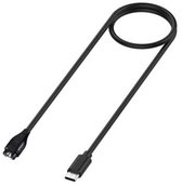 Zwarte oplaadkabel met een Garmin smartwatch connector aan de ene kant en een USB-C connector aan de andere kant, opgerold.