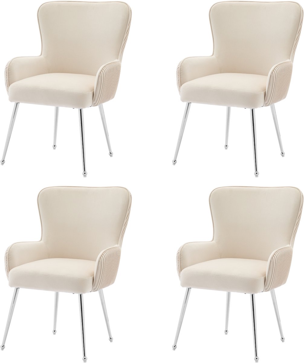 Merax Fluwelen eetkamerstoel - set van 4 - woonkamer - slaapkamer - loungestoel - met armleuningen en verstelbare poten - lendensteun - beige en zilver